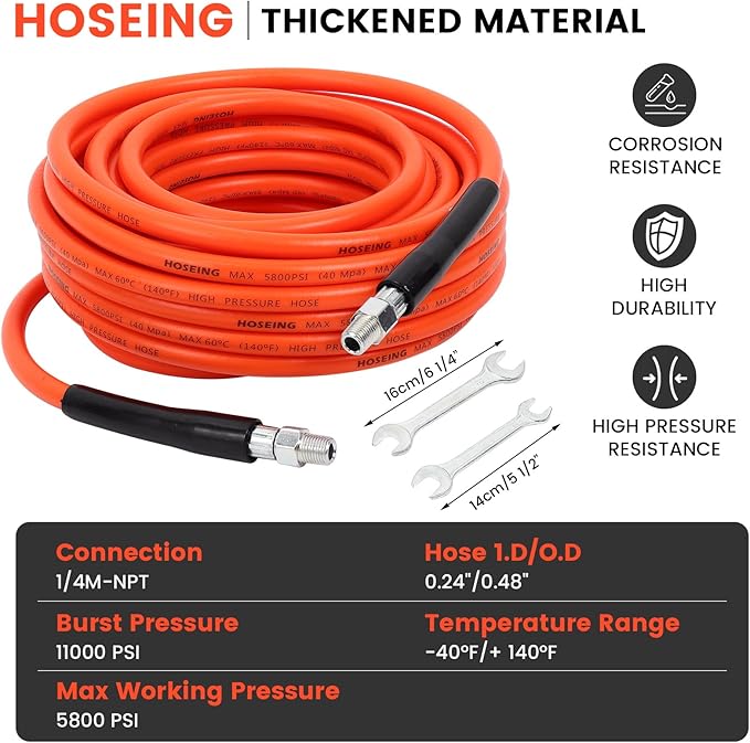 100FT Pressure Washer Sewer Jetter Kit, 5800 PSI Water Jet Drain Cleaner Hose with Corner Rotating Button Nose Nozzle, Sewer Jetting Nozzles Kit with Spanner Handle Strap