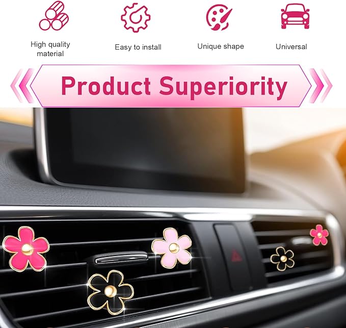 6PCS Car Air Vent Clips, Colorful Daisy Flower Auto Air Conditioning Outlet Clip, Cute Car Clip Interior Air Vent Decoration, Universal Girly Cars Interior Accessory for Women(Red Pink Black)