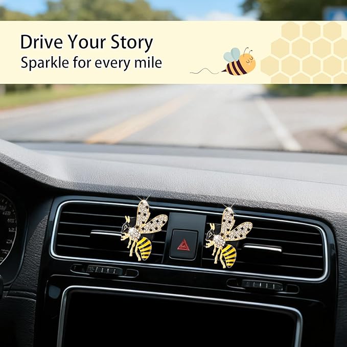 Bee Car Decor,2pcs Cute Bumblebee Car Air Freshener Vent Clips,Bling Yellow Bee Alloy Vent Clips Dashboard Accessories with Rhinestones,Refillable Diffusers