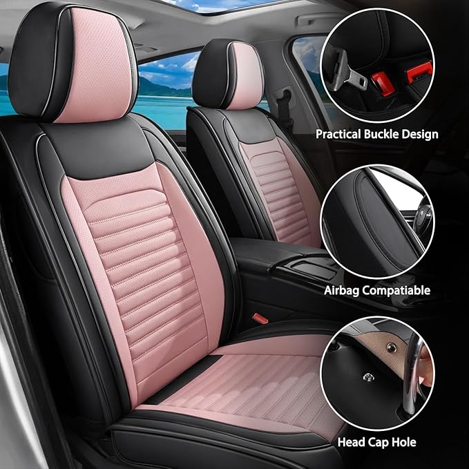 Truck Seat Covers Full Set Fit for Toyota Tacoma 2001-2026, Premium Faux Leather Car Seat Protector,Breathable Anti-Slip Full Wrapping Edge Seat Covers(Black&Pink,Full Set)