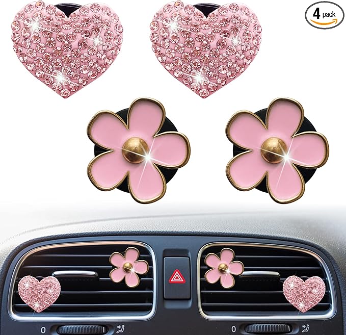 Bling Heart & Daisy Air Vent Clips, 4 Pcs Pink Heart & Flower Car Air Fresheners Vent Clips Diffuser Vent Clip Rhinestone Diamond Decoration Car Interior Decor Cute Accessories for Women