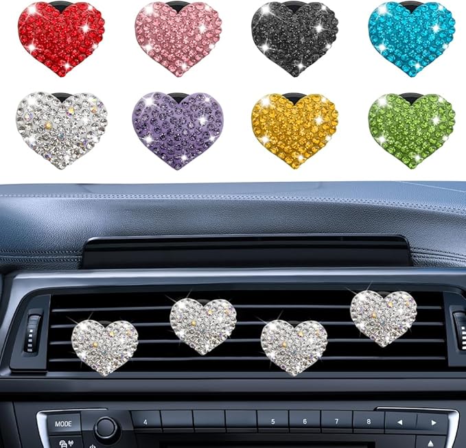 4PCS Heart-Shaped Car Vent Clip with Rhinestone, Vent Clip Car Accessories, Sparkly Rhinestone Bling Diamond Freshener Holder, Air Conditioning Outlet Ornament for Women Girls (White, Style1)