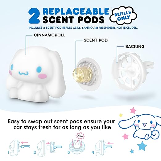 Hello Kitty Car Air Freshener Refills 2-Pack - Fresh Cotton Scent – Cute and Long-Lasting Cinnamoroll Car Accessories, Odor Eliminator, Fun Scents, 30 Days Freshness (2 Refills)