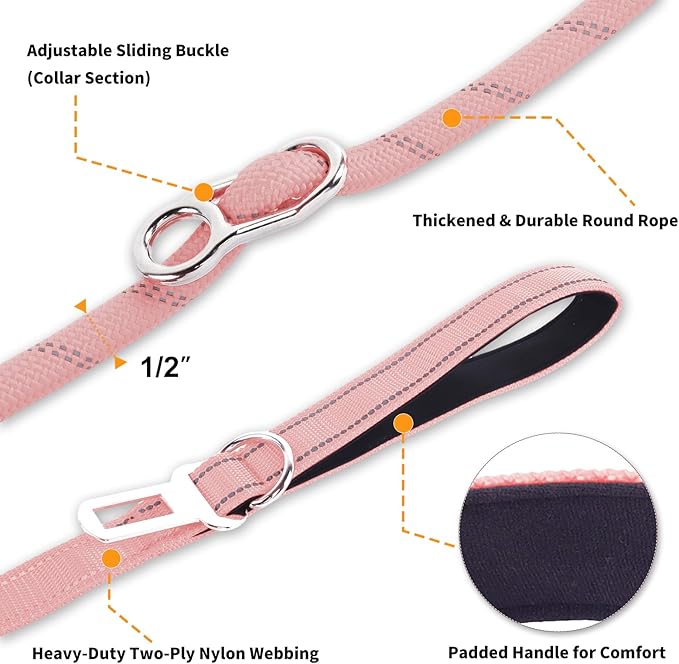 6FT Heavy Duty Dog Leash for Small Medium Large Dogs, Tangle Free Reflective Dog Training Leash with Double Handle, Seat Belt Buckle & Poop Bag Holder (Pink)