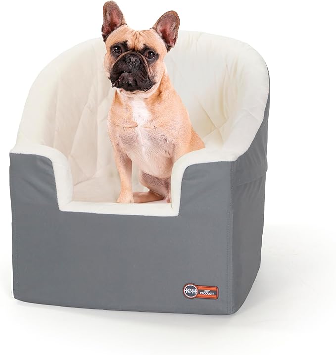 K&H Pet Products Bucket Booster Dog Car Seat, Seat Belt Secured, 2 Safety Leashes, Washable Covers, Sturdy Pet Booster Seats for Cats & Dogs - Small Gray/Cream
