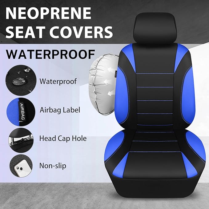 CAR PASS Neoprene Wetsuit Seat Covers, Waterproof Car Seat Covers Full Sets with 5mm Composite EVA, Universal Fit for Car Sedan, SUV Trucks Anti Slip with Airbag Compatible(Black Blue