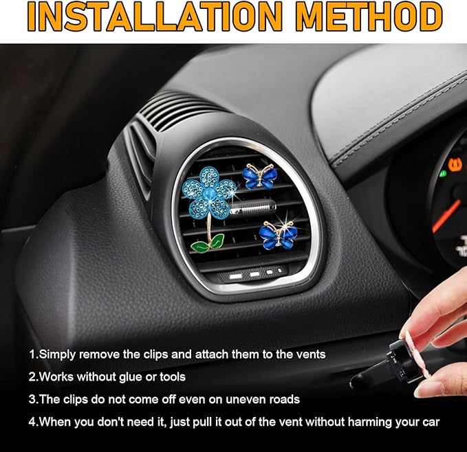 3 PCS Bling Car Air Vent Clips, Rhinestone Daisy Butterfly Air Freshener Outlet Diffuser Clip, Cute Auto Air Conditioning Clip Charm for Women Girls, Decor Car Accessories (Blue)