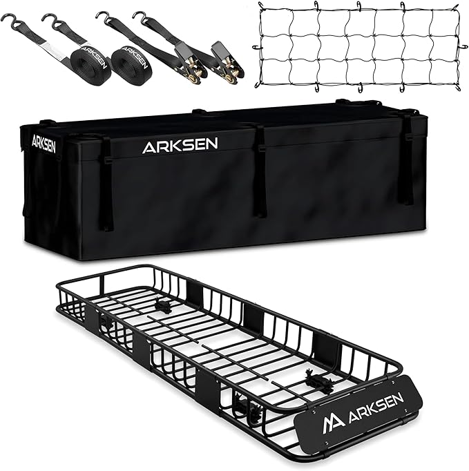 ARKSEN Skinny Roof Rack 84"x23"x6" Cargo Carrier with Waterproof Bag, Net, Straps & Anti-Slip Mat, Heavy Duty Top Mount Cargo Basket, Luggage Camping Gear Storage for Car, Truck or SUV Transport
