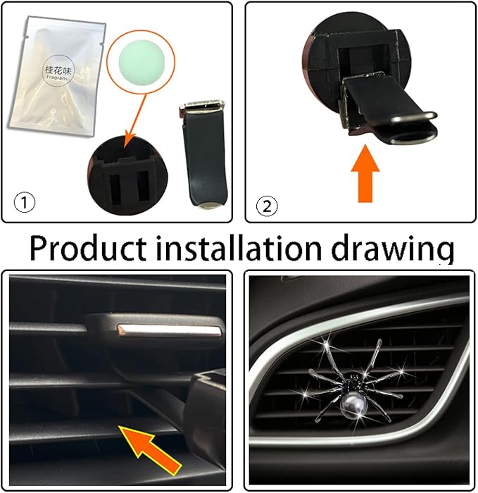 Bling Spider Car Air Fresheners Vent Clips, Cute Lovely Spider Car Air Vent Clips Funny Diamond Diffuser Vent Clip Decoration Interior Decor Bling Accessories for Women Men（Black）