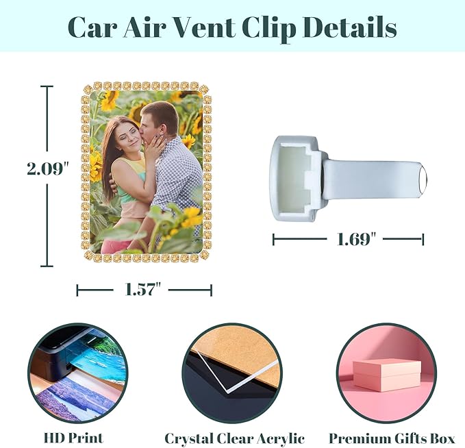 Custom Rhinestone Car Vent Clip Air Freshener with Photo – Personalized Acrylic Picture Frame for Car Interior Decoration Accessories, Rectangular Shape (Champagne, One Size)
