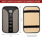 Bling Leather Car Center Console Cover, Anti-Slip Crown Armrest Seat Box Cushion Pad with Rhinestones, Waterproof Crystal Arm Rest Protector Interior Decor for Most Vehicles (Gray)