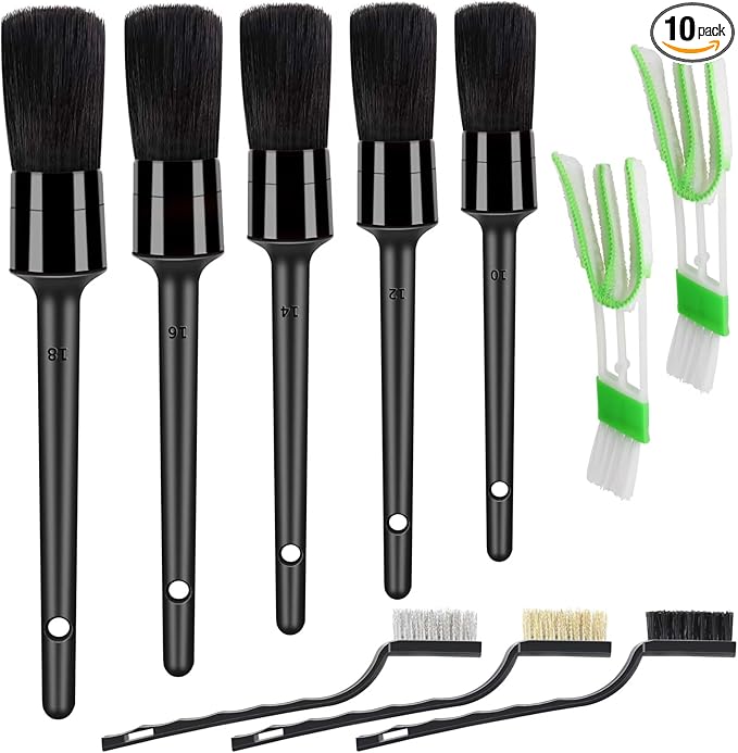 10pcs Detailing Brush Set, Multi-Purpose Car Detailing Brushes for Cleaning Car Interior, Exterior, Engine, Leather, Including 5 car Cleaning Brush, 3 Wire Brush, 2 Air Vent Brush,Black