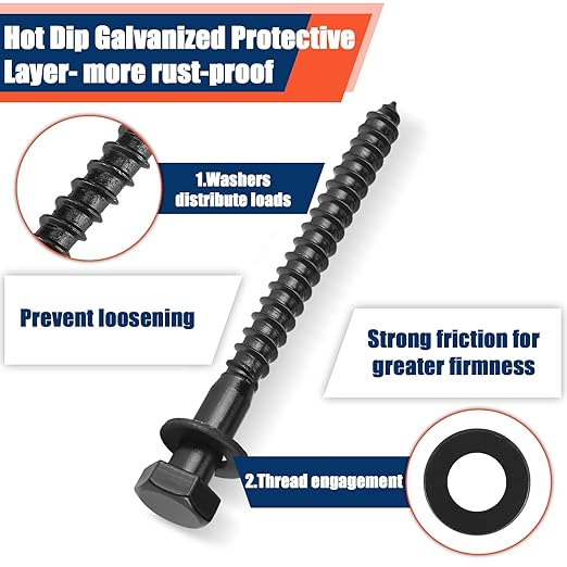 Tandefio 50 Pack 1/2''x 5'' Ceramic Black Lag Screw Kit with Washers Hex Lag Bolts Wood Screws Heavy Duty Ruspert Coating Hot Dip Galvanized Double Layer for Wood Decks Fences