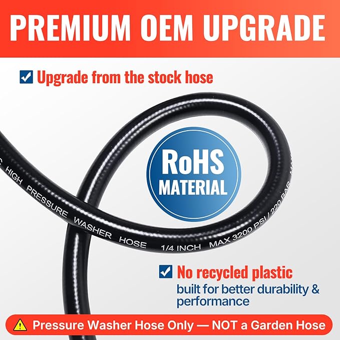YAMATIC Pressure Washer Hose 50FT x 1/4", 3200 PSI Kink Resistant OEM-Quality Upgrade Power Washer Replacement/Extension with M22-14mm Brass Fittings for Ryobi, Troy Bilt, Greenworks, CRAFTSMAN