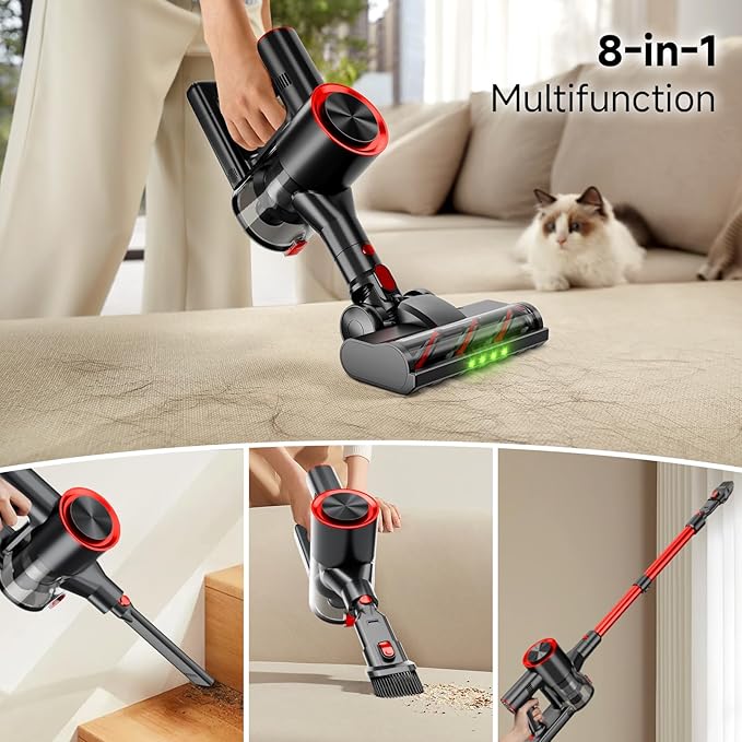 Cordless Stick Vacuum Cleaner, 40Kpa Powerful Suction Vacuum Cleaner with LED Headlight, Detachable Battery, 8-in-1 Lightweight Handheld Vacuums for Pet Hair Carpet and Hardwood Floor, Red