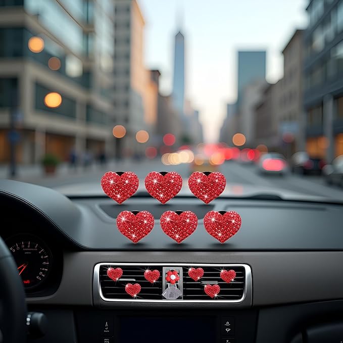 6Pcs Bling Heart Air Vent Clips Red Heart Car Air Fresheners Vents Clips Car Diffuser Diamond Car Interior Decor Charm Decoration Cute Accessories for Women Automotive