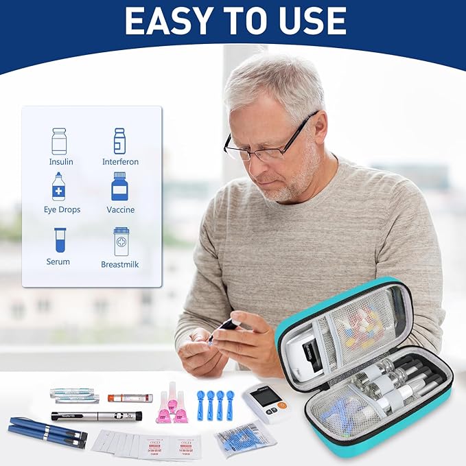 Insulin Cooler Travel Case, Portable EVA Medicine Travel Cooler, Diabetes Case with 2 Reusable Ice Packs TSA Approved for Diabetic Supplies Patent Pending(Seafoam-No Temp)