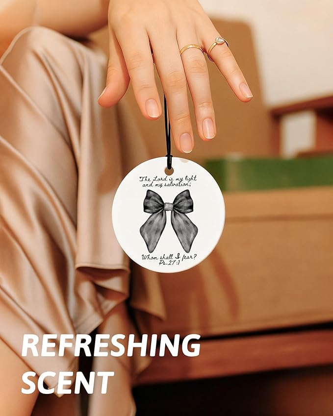 Black Christian Round Car Air Freshener 4 Pcs, Girly Black Bow Floral Religious Hanging Air Freshener for Cars Closet Drawer Books, Cute Preppy Christian Car Accessories Mirror Decor for Women
