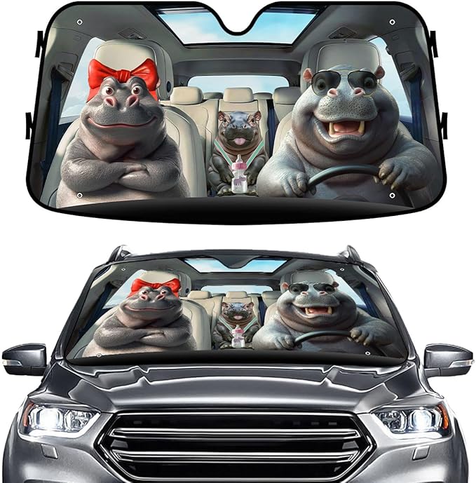 GENANY Funny Hippo Windshield Sun Shade for Car SUV Truck (64x32 Inches), Sun Shade Windshield, Shades for Front Windows, Protector Blocks UV, Xmas Auto Gift, Spring Car Decor