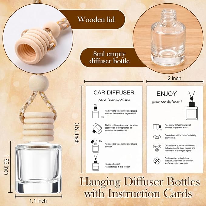 Boao 75 Sets Hanging Car Air Freshener Diffuser Bottles Empty Bulk with Car Diffuser Instruction Cards Organza Bags Glass Refillable Essential Oil Fragrance Aromatherapy Pendant (Cylindrical,Clear)