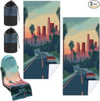 2 Pack Car Seat Towel Covers with Storage Bag 63 x 32 Inch Athletic Running Towel Seat Sweat Washable Non Slip Cover Gift for Car Outdoor Sport Activities (Los Angeles Street Scene)