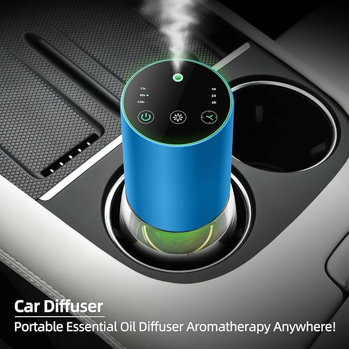 Waterless Essential Oil Diffuser 100ML Large Capacity Battery Operated Cordless Aromatherapy Diffuser with Timing & 3 Mist Levels car Diffuser 7 Colour Led Lights (Blue)