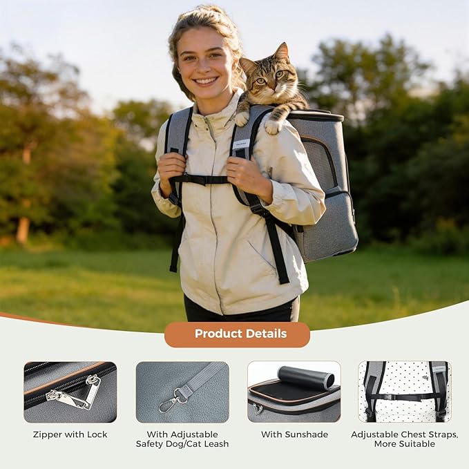 Lekereise Pet Carrier Backpack Expandable Cat Backpack for Medium Dogs and Large Cats 20-25 Lbs,14“L * 12.5" W * 16.14" H, Grey