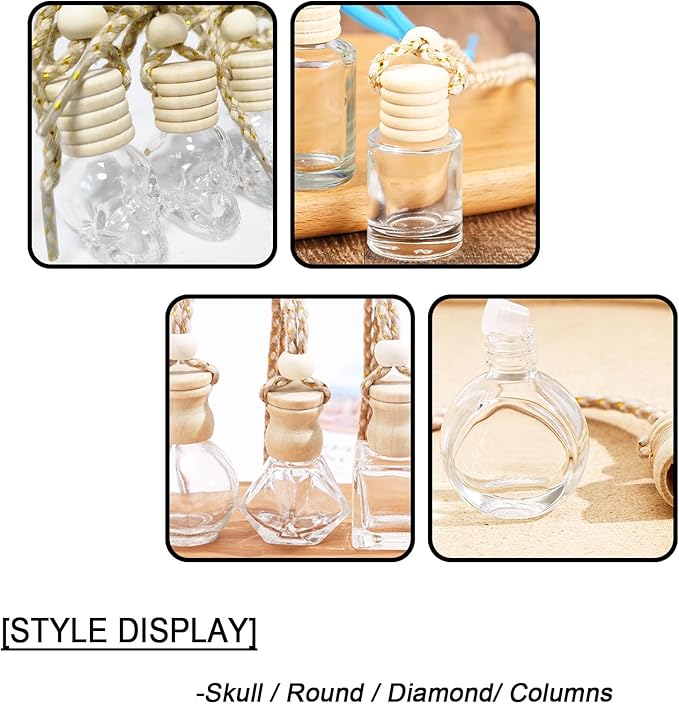 7 PCS MINI Cute Glass Bottle with Suspended Wooden Cover and Plastic Dropper,Car Air Freshener Perfume Bottle,Empty DIY Bottle Décor