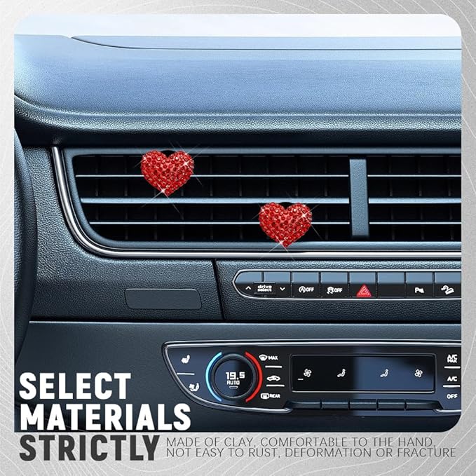 2PCS Bling Heart Air Vent Clips, Heart Shaped Crystal Air Freshener Vent Clips, Rhinestone Air Conditioning Outlet Clip, Universal Interior Decor Car Accessories for Women Girl (Red)