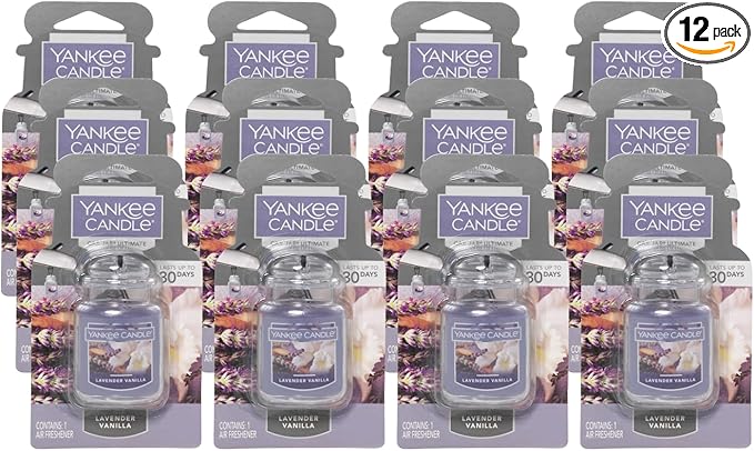 Yankee Candle Car Air Fresheners, Hanging Car Jar Ultimate, Neutralizes Odors Up To 30 Days, Lavender Vanilla, 0.96 OZ (Pack of 12)
