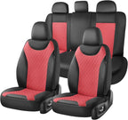 Coverado Front and Rear Seat Covers, 5 Packs Leather Seat Covers for Cars, Car Seat Protectors with Splicing Design，Universal Car Seat Cushions Waterproof Seat Covers Fit for Most Cars, Black & Red