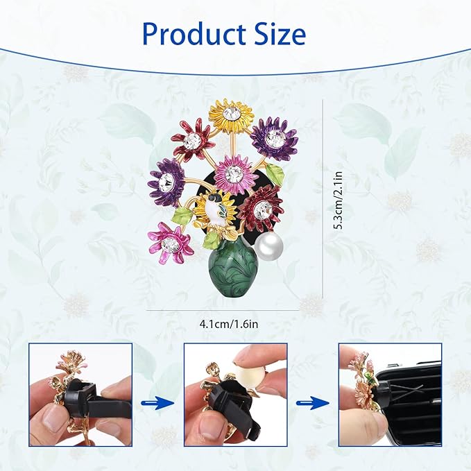 Flower Car Decor,Cute Dasiy Bird Vase Car Air Freshener Vent Clip,Bling Alloy Colorful DashBoard Vent Decorations Aesthetics for Women,Refillable Aroma Diffuser