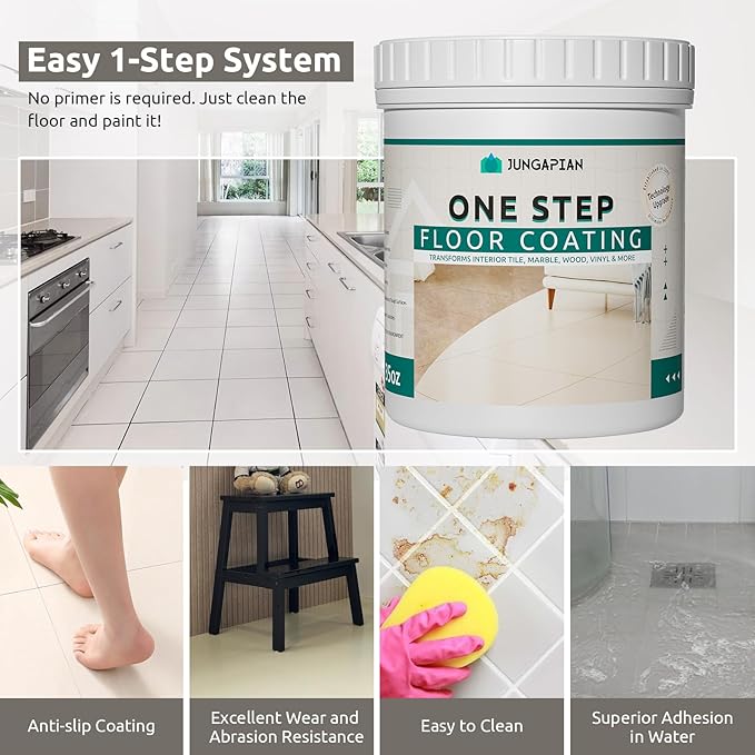 All-In-One Interior Floor Coating Kit, Water-based & Low Odor One-Step Floor Paint, High Hardness Waterproof Paint for Ceramic, Porcelain, Fiberglass, Hardwood, Laminate, Vinyl, 35OZ, White