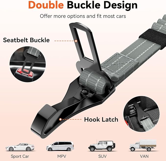 Dog Seat Belt, Dog Car Seat Belt Bungee, Car Harness for Pet with Buckle & Hook Latch, Safety Leash Vehicle, Adjustable Reflective Pet Vehicle Tether, 360° Swivel Lock Clasp, Gray