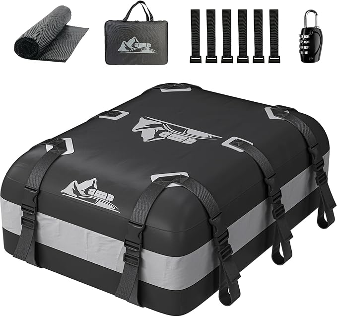Car Rooftop Cargo Carrier Bag 20 Cubic Feet, 100% Waterproof Heavy Duty Car Roof Bag for All Vehicle with/Without Racks - Anti-Slip Mat, 6 Door Hooks, Storage Bags, 5CM Straps(Gray)