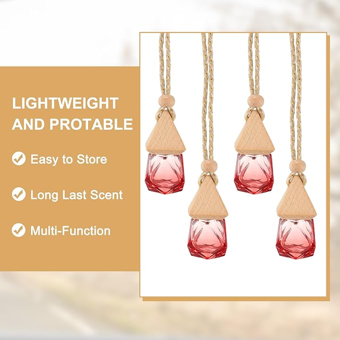 uxcell 4pcs Hanging Car Air Freshener Perfume Bottle, 8ml Pendant Empty Clear/Red Glass Essential Oil Aromatherapy Diffuser with Wooden Cap for Car Decor (Clear/Red, Rhombus)