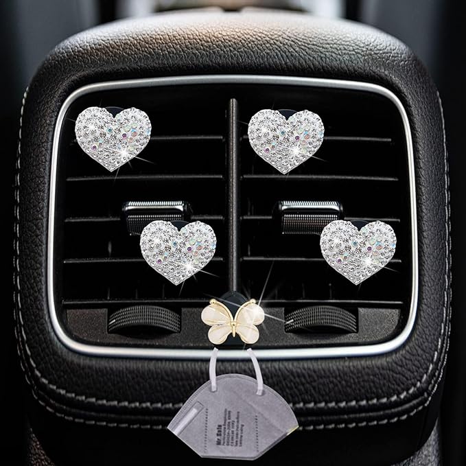 4 Pcs Silver Bling Heart Air Vent Clips, Heart Car Air Fresheners Vents Clips Car Diffuser Diamond Car Interior Decor Charm Cute Cars Accessories Cars Decoration for Women + Cute Butterfly Mask Hook