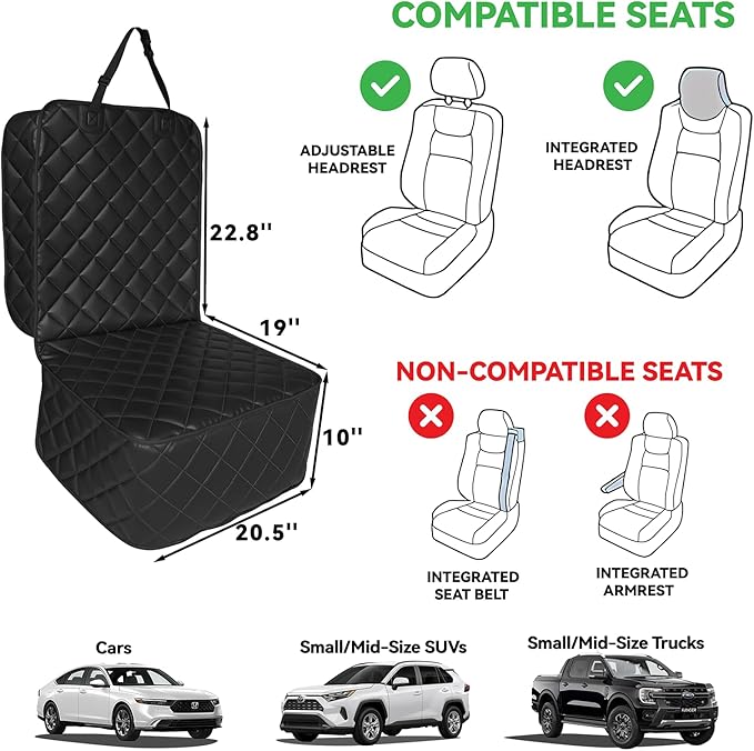 Heavy Duty Car Seat Cover for Dogs,Waterproof PU Leather Car Front Seat Cover, Anti Slip Captain Seat Protector for Dogs & Humans,Fit for Most Vehicles, Pickups,Trucks, SUVs(Black)