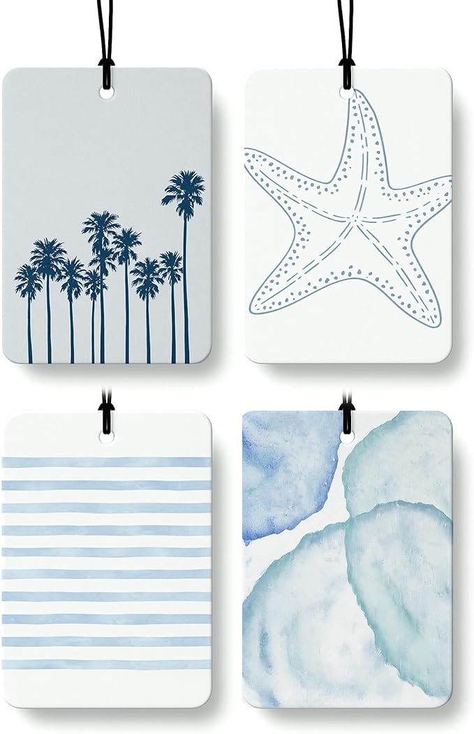 Preppy Blue Beach Car Air Freshener 4 Pcs, Coastal Coconut Tree Starfish Ocean Hanging Air Freshener for Closet Drawer Books, Girly Beachy Car Accessories Mirror Decor for Women