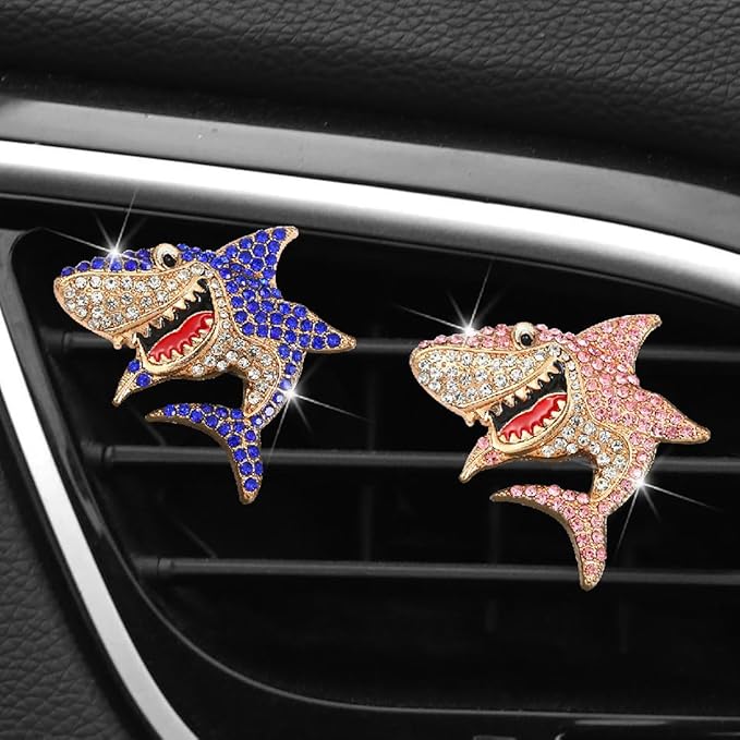 Generic 2 PCS Bling Rhinestone Sharks Car Air Vent Clips Cute Marine Animals Car Air Freshener Clip Air Conditioning Outlet Clip Funny Car Interior Decoration Accessories for Women Men (Pink Blue)