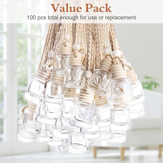 Wresty 100 Pcs 8ml Car Essential Oil Hanging Bottle Empty Car Air Freshener Diffuser Bottle Perfume Glass Bottle Pendant Aromatherapy Fragrance Bottle Auto Car Interior Ornaments Decor