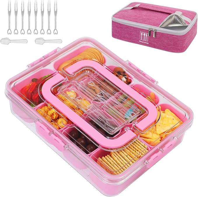 Snack Box Container with Insulated Cooler Bag, Divided Serving Tray with Lid and Handle Beach Essentials, Snackle Box Veggie Fruit Tray with 8 Compartments & 8 Forks & 2 Spoon Pink