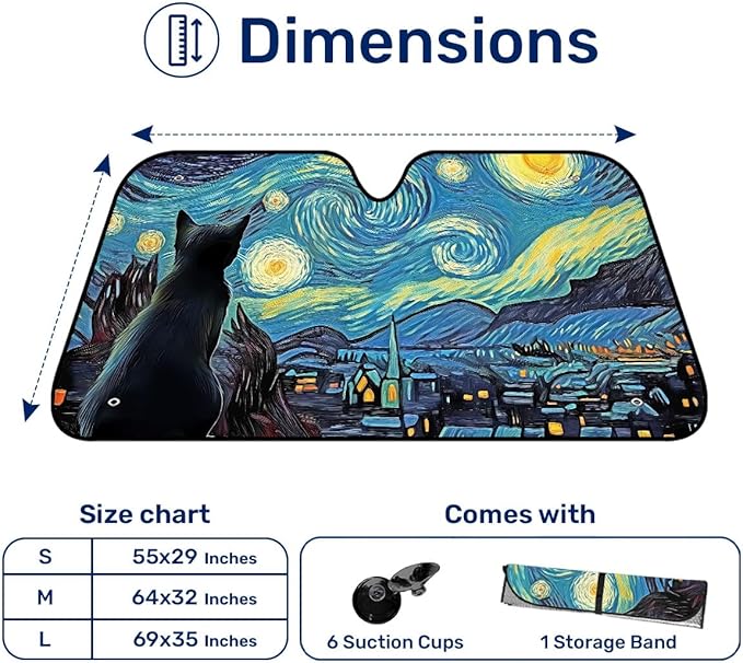 GENANY Cat Starry Night Windshield Sun Shade for Car SUV Truck (69x35 Inches), Sun Shade Windshield, Shades for Front Windows, Protector Blocks UV, Car Decor
