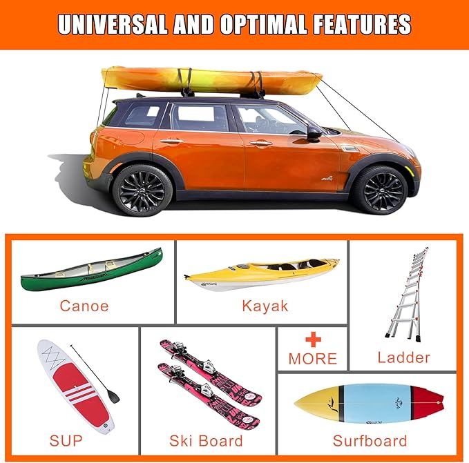 Universal Car Soft Roof Rack Pads Luggage Carrier System for Kayak Surfboard SUP Canoe Include 2 Heavy Duty Tie Down Straps, 2 Tie Down Rope, 2 Quick Loop Strap (Use with Cross Bar)