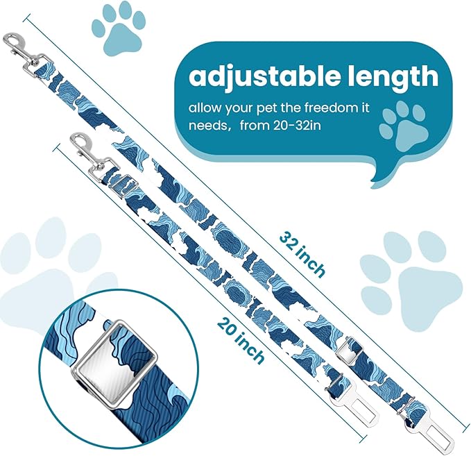 Adjustable pet cat and Dog car seat Belt，The Lanyard is Flexible and Adjustable from 20 to 33 inches(sea Wave)