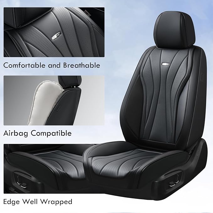 Coverado Front Seat Covers, 2 PCS Leather Seat Cover, Black Seat Cover for Cars, Waterproof Car Seat Cover, Car Seat Protector, Driver Seat Covers Seat Cushion Universal Fit for Most Vehicles (Black)