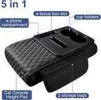Car Center Console Cover, Upgraded Leather 5 in 1 Arm Rest Cover for Car with Cups Holder Storage Bags Tissue Box, Universal Interior Armrest Cushion for Almost Accessories Vehicles