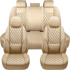 Car Seat Covers Full Set,Universal Fit for Cars,SUVs,Trucks,and Sedans with 5 Seats,Faux Leather Car Seat Cushion Compatible with Airbags,Waterproof Car Seat Protector,Beige