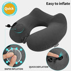 Inflatable Travel Neck Pillow for Airplane, Head Support Velvet Adult Neck Pillow for Long Flight, Kit with Eye Mask, Earplugs and Storage Bag,1, Dark Gray