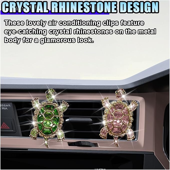 2PCS Bling Tortoise Car Air Vent Clips, Crystal Rhinestone Auto Air Conditioning Outlet Clip, Cute Turtle Car Vent Decorative Clip, Auto Interior Decoration Charm for Women (Tortoise)